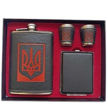 Подарочный набор Фляга 270 мл UKRAINE Тризуб + портсигар + 2 стопки чорный