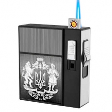 Портсигар с зажигалкой газовая + USB для обычных сигарет Герб Украины