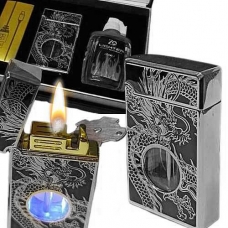 Зажигалка бензиновая с USB поджигом и подсветкой набор 3в1 Dragon темно-серая